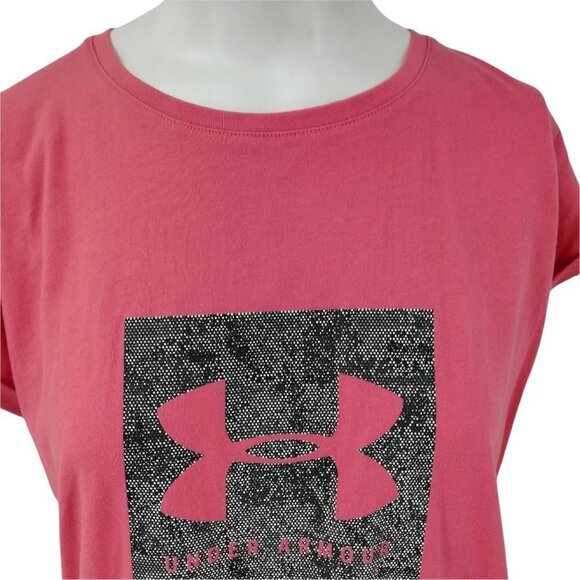 Under Armour Loose Fit Cropped Graphic T-Shirt Size S Cuffed Short Sleeve Coral - Picture 2 of 11